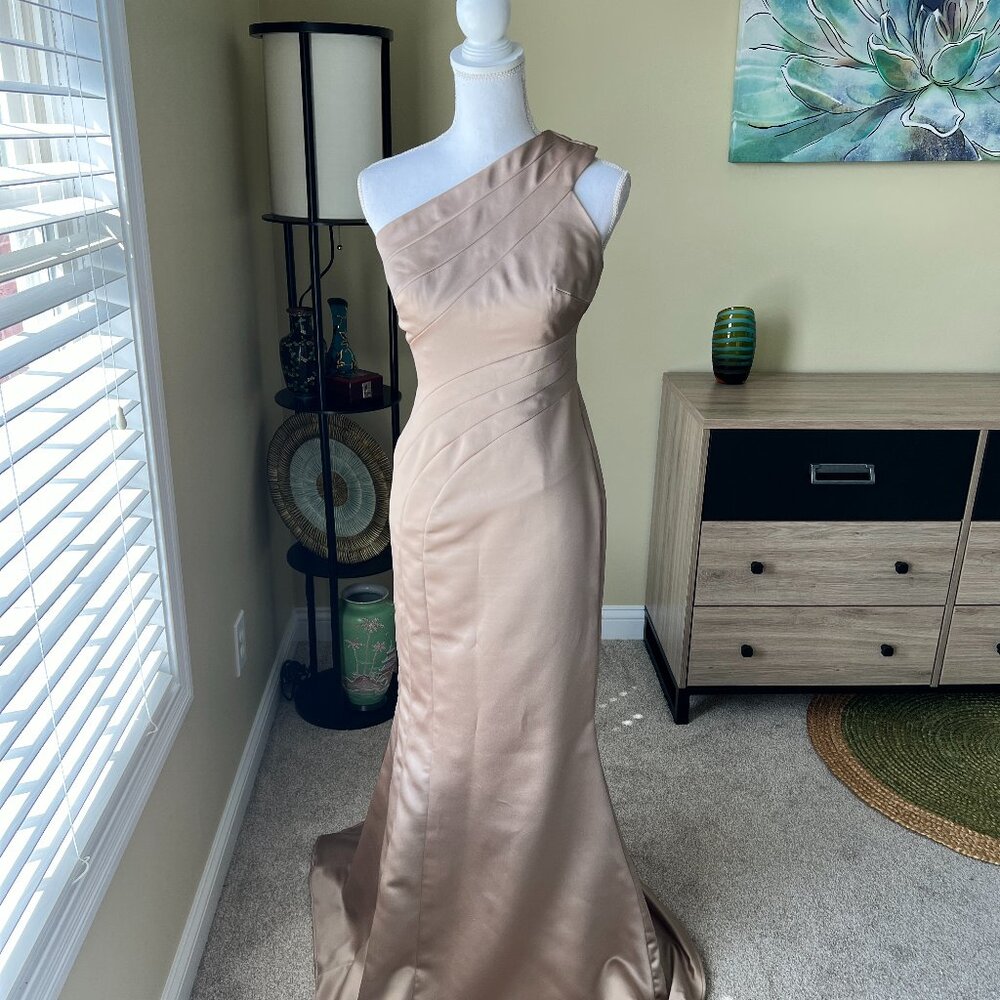 Badgley Mishcka Tan Off Shoulder Formal Mermaid Evening Gown